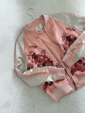 Pink Floral Satin Bomber Jacket
